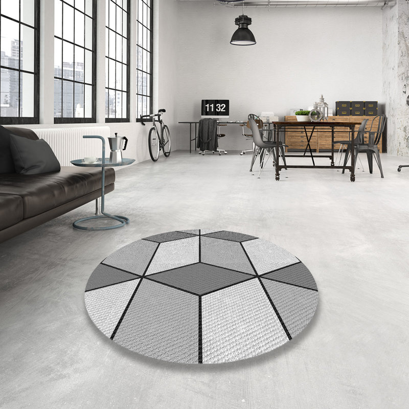 Tapis gris/blanc tissé à la machine, Rond 5 pi