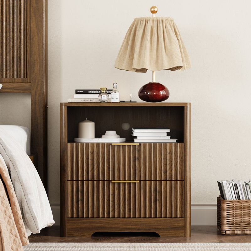 Fluted Smart Nightstand With Charging Station, Voice-controlled Led Light, Bedside Table With Shelf And Cabinet, Walnut