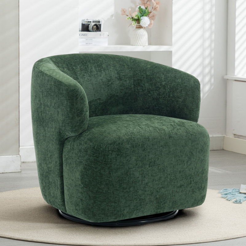 30" Wide Upholstered Swivel Barrel Accent Chair, No Assembly, Green Chenille