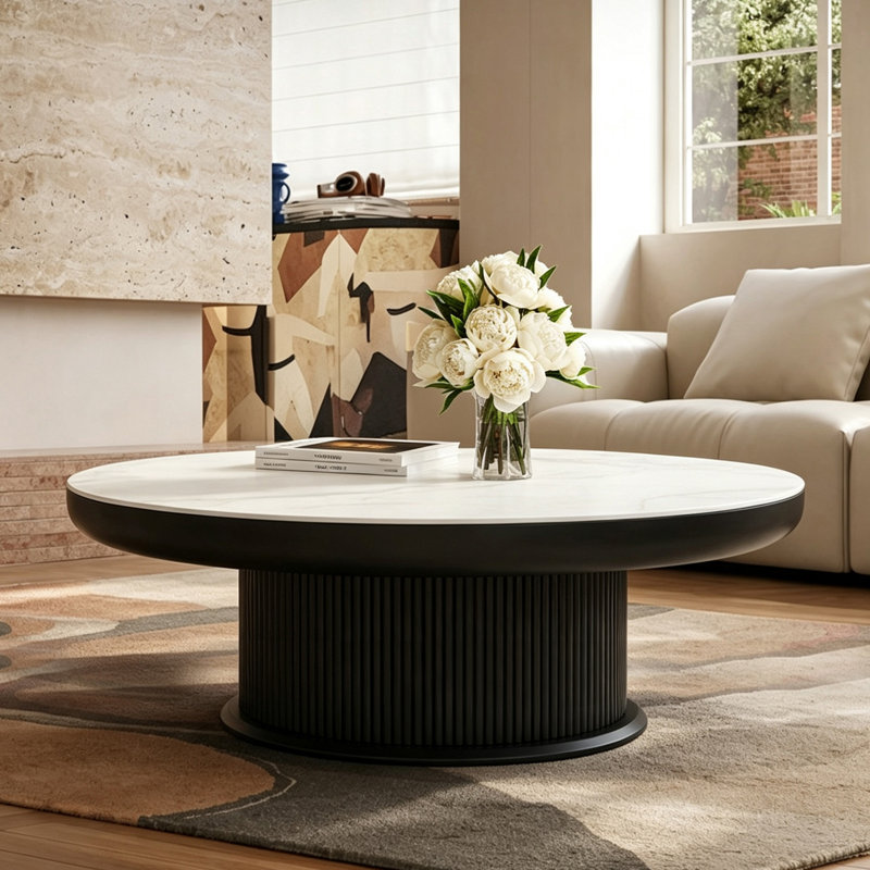 Table basse moderne, table ronde de 89 cm avec dessus en pierre et piètement noir, table centrale pour la décoration intérieure