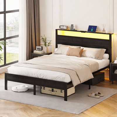 Bed Frame With Charging Station, Storage Headboard And Led Lights, Platform Bed With Metal Slats