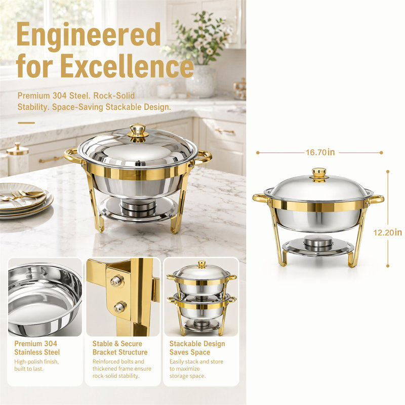 4-Pack 5 QT 18/8 Stainless Steel Chafing Dish, Gold Accent Buffet Warmer, Screw-Assembly Frame, Stackable