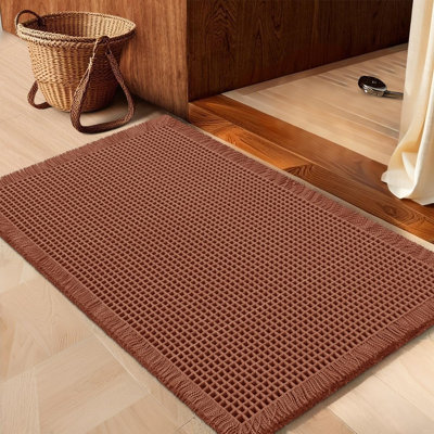 Waffle Bath Mat Dirty Orange 24"x17",Boho Woven Modern Bath Mat Rugs, Absorbent Non Slip Bathroom Rugs, Soft Washable Bath Rugs with Tassels for Bedroom, Kitchen, Shower, Tub