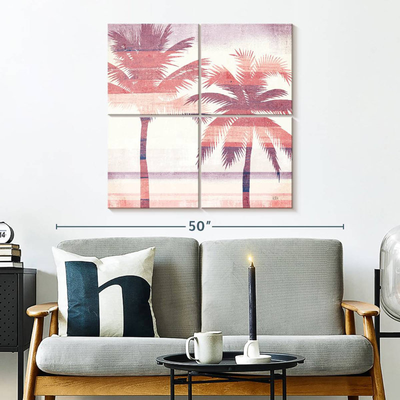 Harnek, paysage de plage, palmiers, rose, mauve, H 32 po x l 32 po