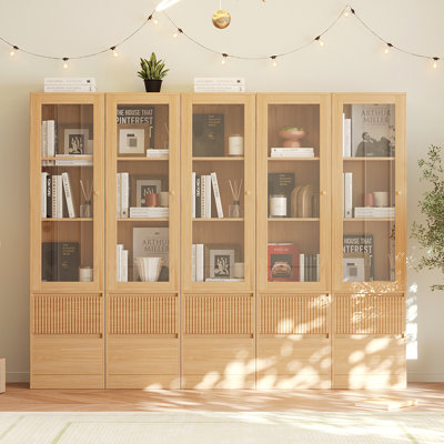 Branigans Wooden Glass Door Bookcase, 5 Pcs 3-Tier Cube Bookshelf Storage Cabinet With Double Drawer And Shelf