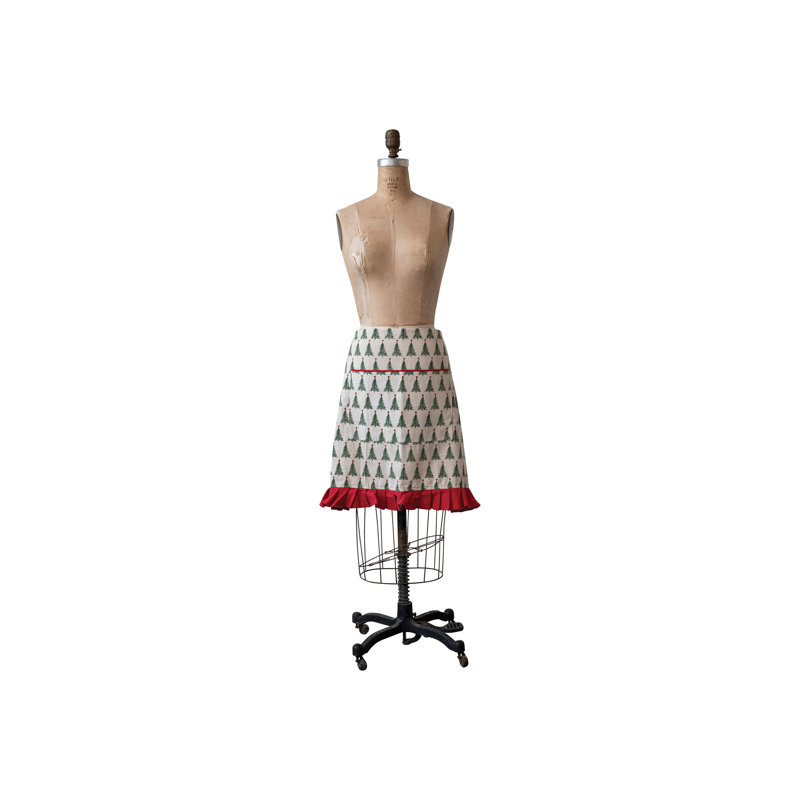 Cotton Printed Half Apron With Christmas Tree Pattern, Pocket And Ruffle
