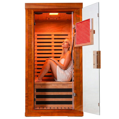1-Person Full Spectrum Infrared Sauna with Red Light Therapy, Low EMF Carbon Fiber Heating Panels, Bluetooth Audio, and Tempered Glass Door