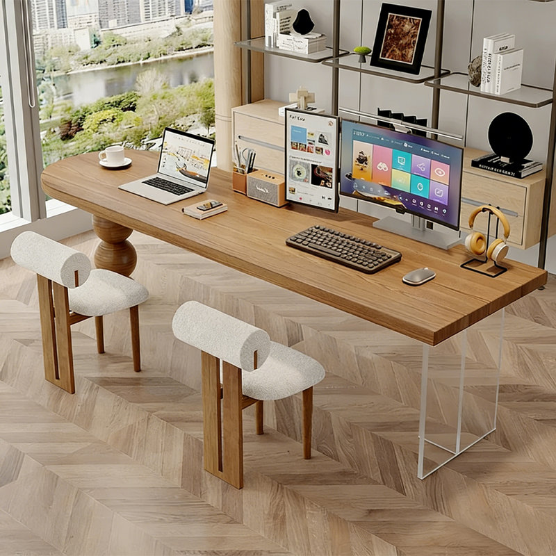 Bureau demi-cercle brun en bois massif acrylique, 29.53"H×55.12"L×23.62"W