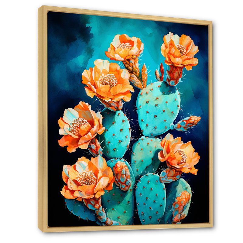Cactus bleu et bronze brossé sur toile, H 44 po x l 34 po x P 1,5 po, Cadre naturel flottant
