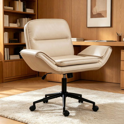 Criss Cross Chair with 5-Gear Adjustable Armrests & Wheels, Ergonomic Thickened Backrest Swivel Desk Chair for Home Office, Vanity, Bedroom and Living Room, Beige Pu