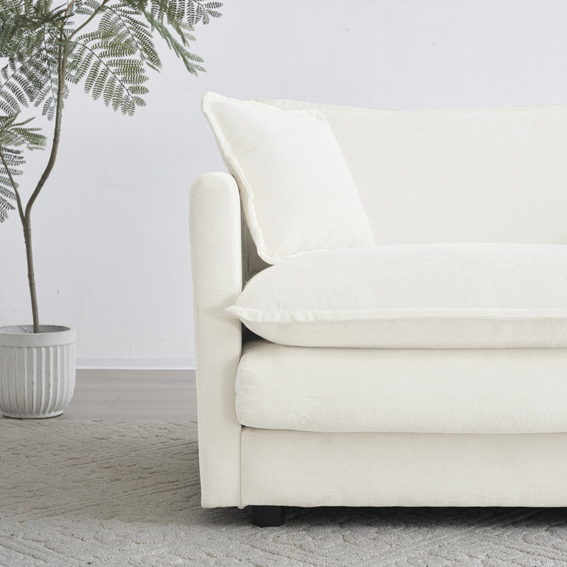 Ensemble 2 pièces en chenille et chaise blanches, structure en bois massif, tissu respirant, sièges de salon luxueux, configuration relaxante,