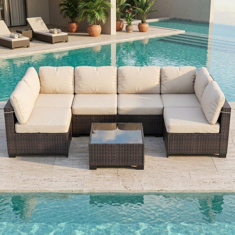 7-Piece Modular Rattan Patio Sofa Set with Coffee Table – Outdoor Sectional for Garden, Backyard, Porch, Gray, Beige