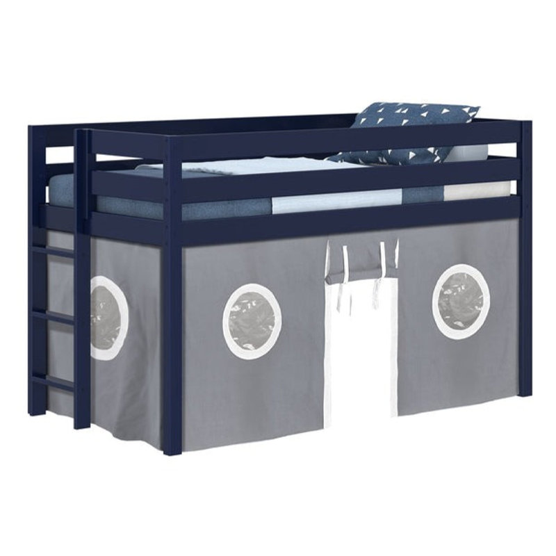 Johannes Solid Wood Twin Low Loft Bed with Ladder and Tent, Blue/Gray
