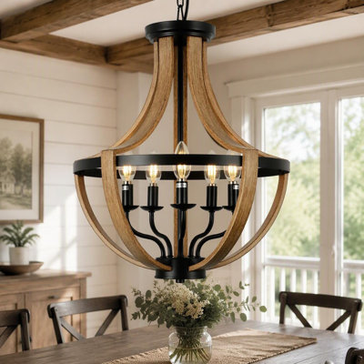 Farmhouse Rustic Chandelier Vintage Faux Wood Pendant Light Fixture for Dining Room Kitchen Island Foyer 5 Lights E26 Base 17.7in