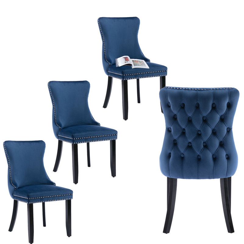 Blue Velvet Upholstered Dining Chairs with Nailhead Trim, Set of 6