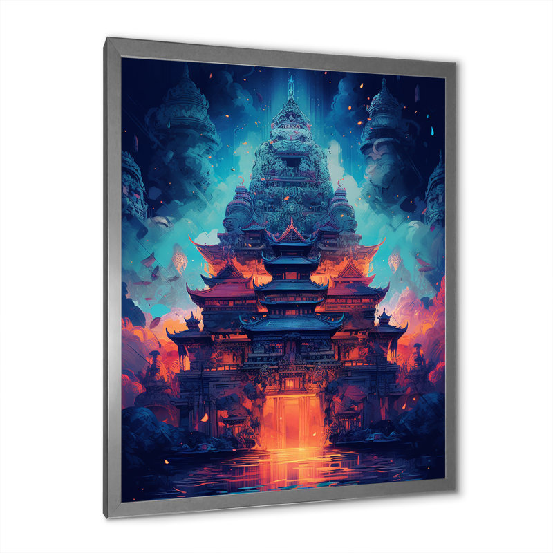 " Magical Buddhist Temple Dreamscape ", 32" H x 24" W x 1" D, Silver Single Picture Framed