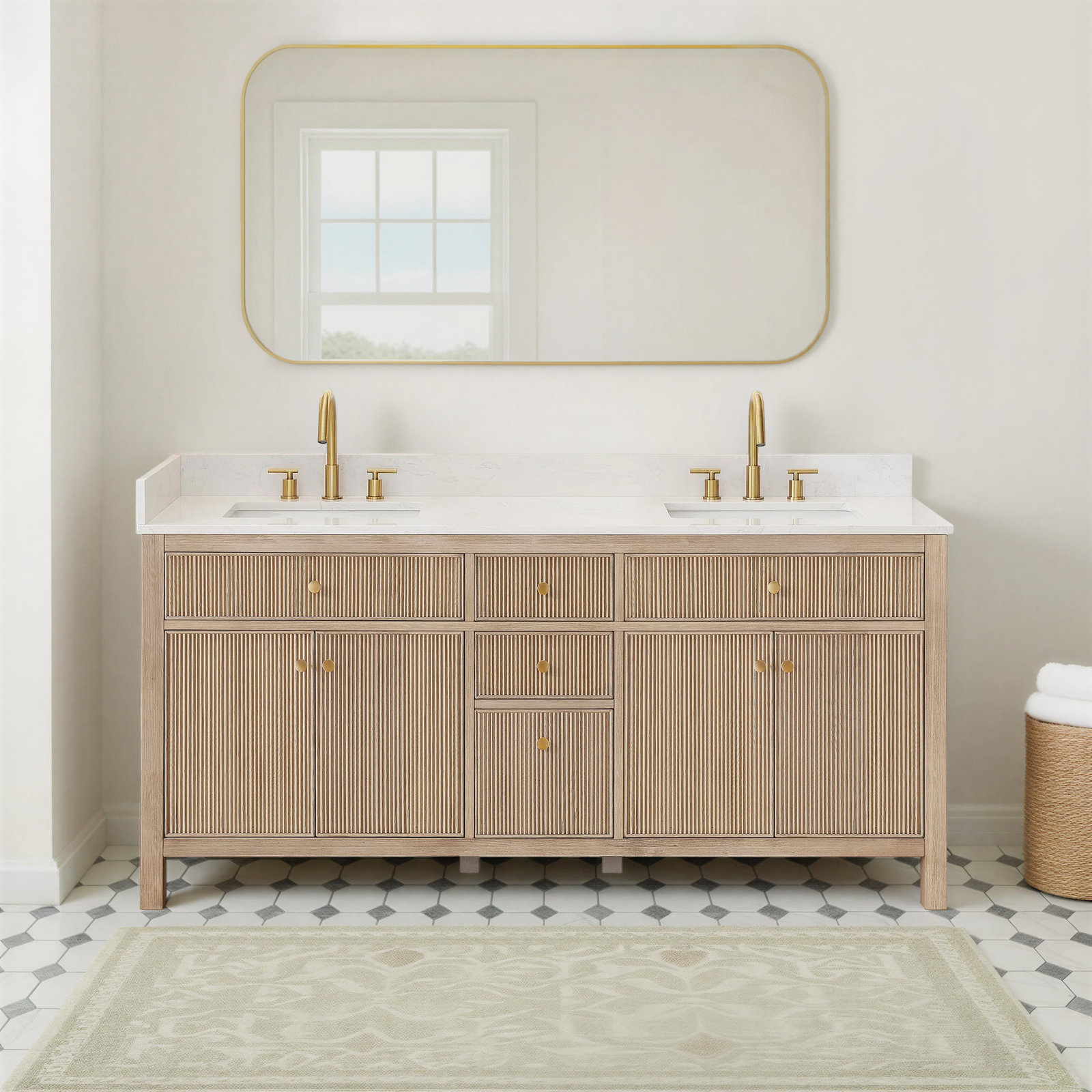 Lala 72" Double Bathroom Vanity with Grain White Engineered Stone Countertop without Mirror, Nature Oak