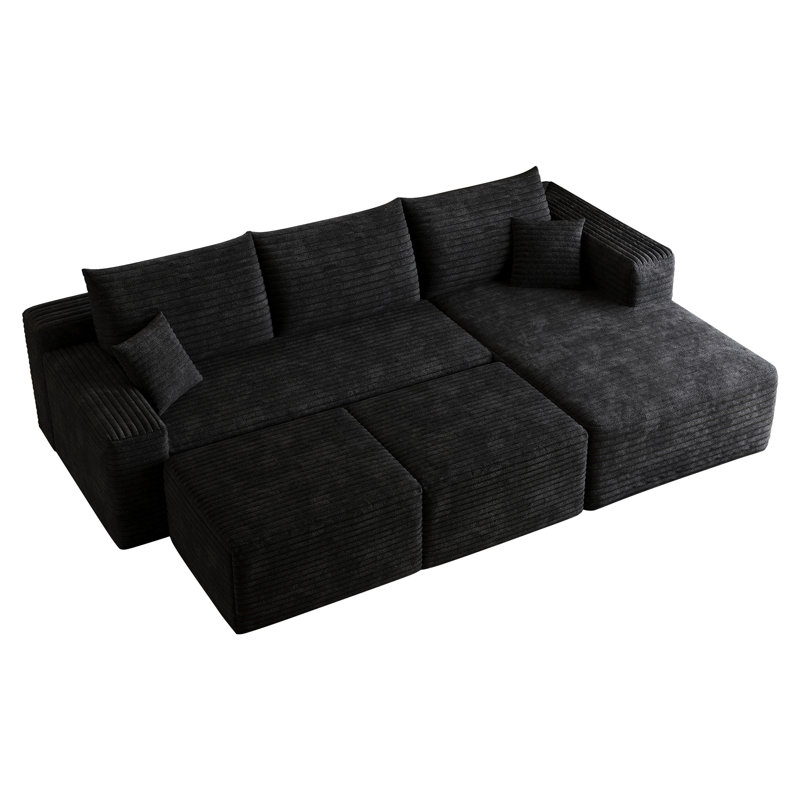 Canapé modulaire 95 po avec 2 repose-pieds Cloud, coussins rembourrés minimalistes modernes, canapé en U confortable pour le salon, canapé d'angle à assise profonde, aucun assemblage requis, noir (tissu en velours côtelé moelleux)