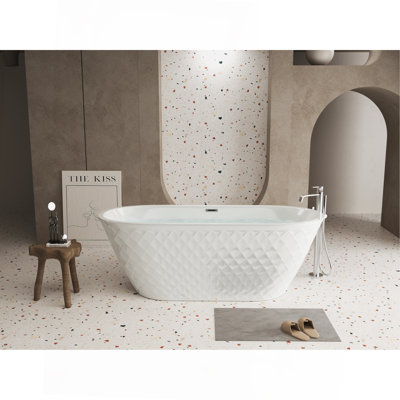 Baignoire autoportante 59 po en acrylique avec motif à losanges unique: forme ovale spacieuse, finition blanc brillant, débordement de chrome et bonde escamotable certifiée CUPC