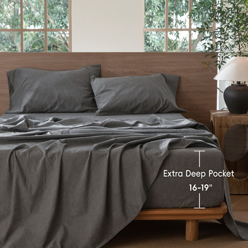 MooMee Fitted Sheet Only Extra Deep Pocket 100% Washed Cotton Linen Like Textured Lightweight Breathable, Queen , Dark Gray