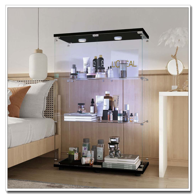 Vitrine en verre trempé avec éclairage à piles et pieds réglables, Noir, H 49,29 po x l 30,91 po x P 13,58 po