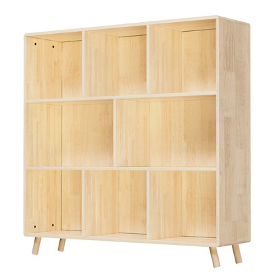 44"L X 44"H Pine Wood Bookcase With 8 Compartments, Fixed Shelves, And Cross Versatility - Modern Seamless Back, Natural Finish Storage Cabinet Space Design, Prevention Ideal For Bedroom Nursery