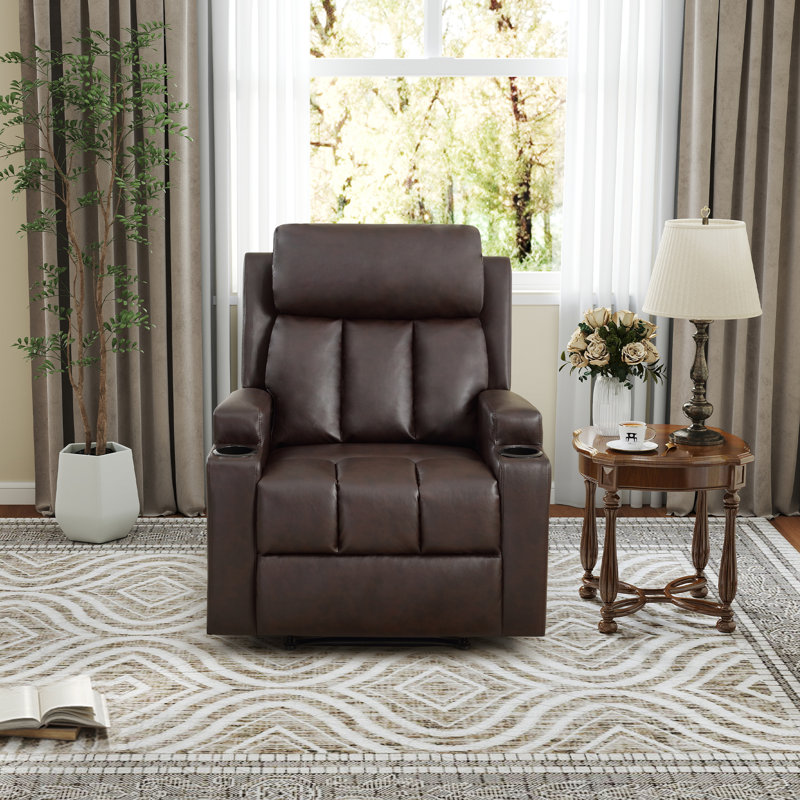 33.46" Wide Faux Leather Manual Recliner with Massage & Heating & Dual Cupholders, Brown Faux Leather