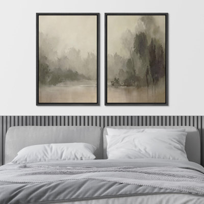 «Tranquil Nature Escape Misty Forest And River Landscape», art mural moderne, œuvre d'art, minimaliste, 2 pièces