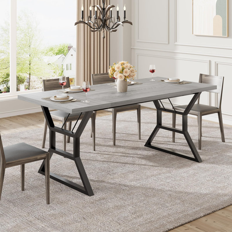 Dining Room Table For 6, 70 Inch Rectangular Kitchen Table With Heavy Duty Metal Legs, Farmhouse Wooden Dining Table, Gray