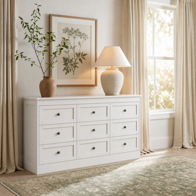 Commode à 9 tiroirs de 59 po de largeur pour chambre à coucher, commode de rangement moderne en bois avec boutons en métal, meuble télé polyvalent pour salon, couloir et entrée