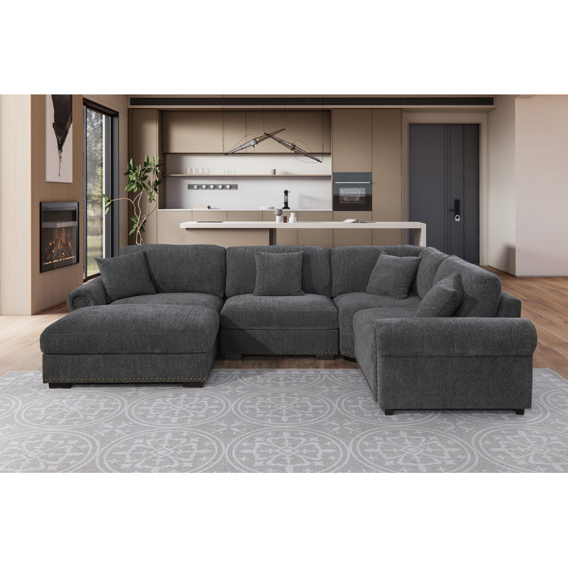 Errett Upholstered 5-Seat Roller Arms Cloud Corner Sectional Sofa, Dark Gray Polyester