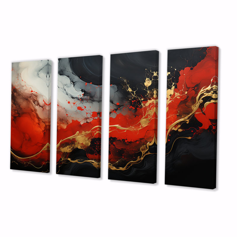 «Red and Gold Marble Fire II», peinture abstraite sur toile 4 pièces, H 32 po x l 64 po