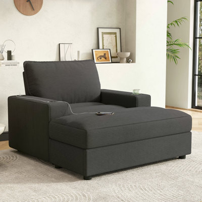 Méridienne surdimensionnée de 42,8 po avec repose-pieds avec rangement, canapé-lit en velours côtelé avec porte-gobelets et port de charge USB, fauteuil-lit rembourré, canapé à lecture profonde pour salon, chambre à coucher