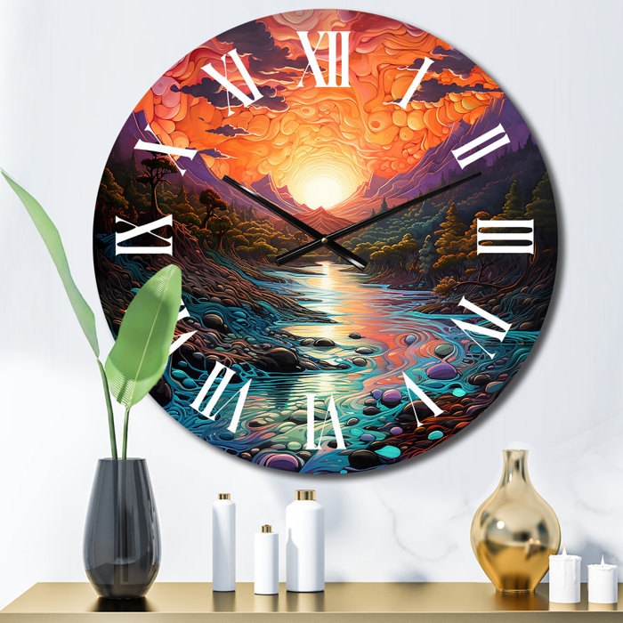 DesignArt Sunset In Mountain River Metal Wall Clock | Wayfair