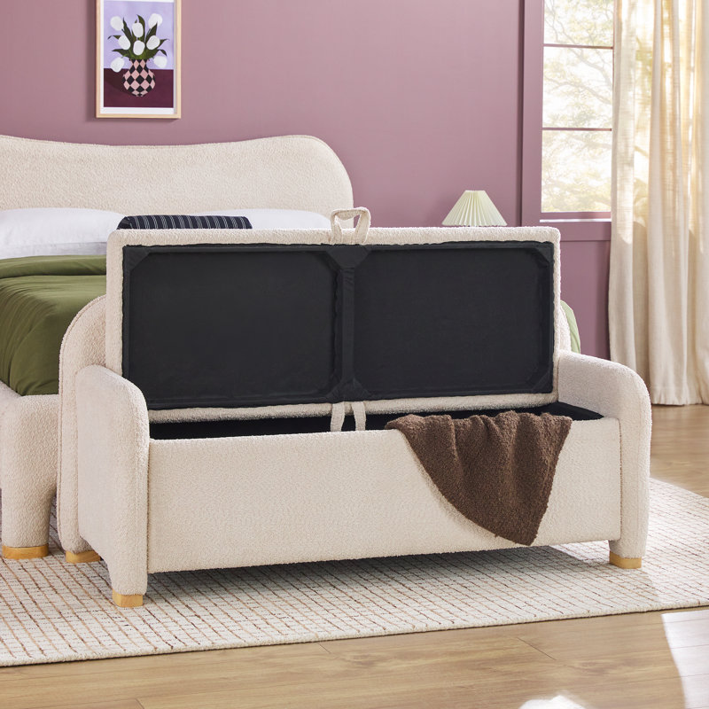 Sitarski Modern Curved Upholstered Bench With Storage, Ivory