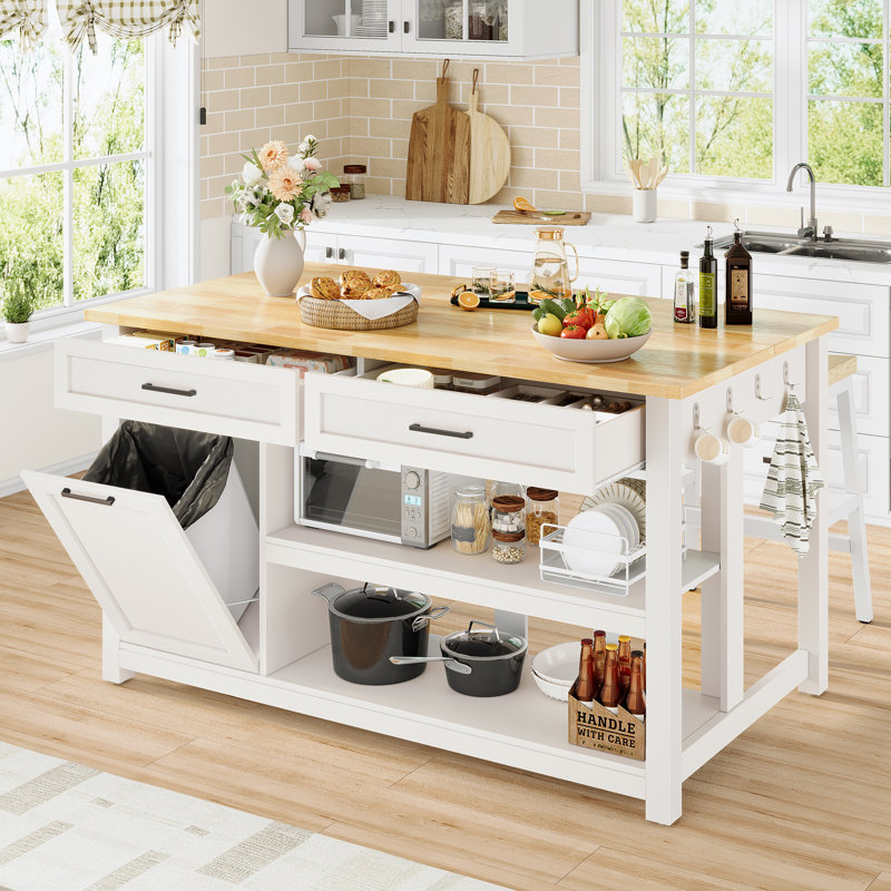 47" Sturdy Kitchen Island with Trash Can Storage, 2 Bar Stools, Power Outlet, and 2 Large Drawers, White