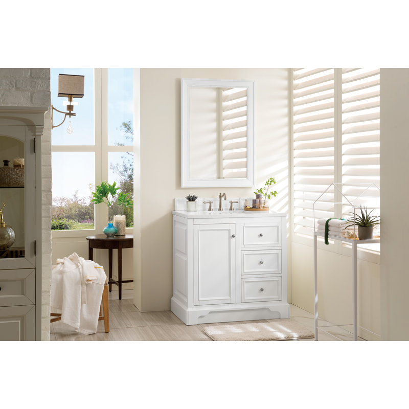 De Soto 36'' W Single Vanity, Bright White, Carrara White Marble, 8" Widespread