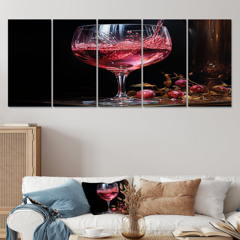 Rubis radieux avec lueur réfléchissante - vin, art mural 5 pièces, H 32 po x l 80 po