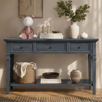 Console - avec 3 tiroirs supérieurs et tablette inférieure ouverte - bleu marine - rétro classique