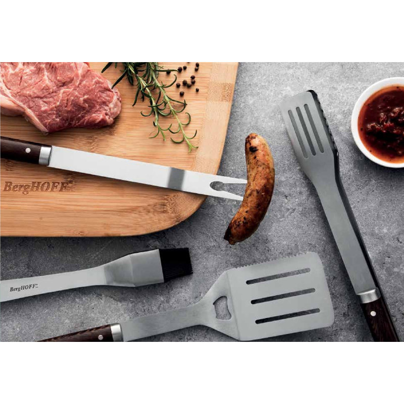 Ensemble d'outils de barbecue 3 pièces BergHOFF Essentials avec poignées en bois, pinces, spatule et brosse