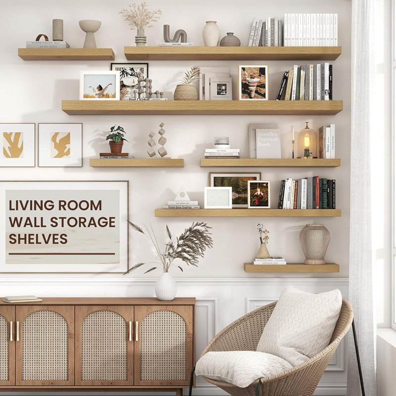 48" Large Floating Wall Shelves Set Of 2, Wood Shelves With Hidden Brackets, Oak, 1.5" H x 48" W x 9" D