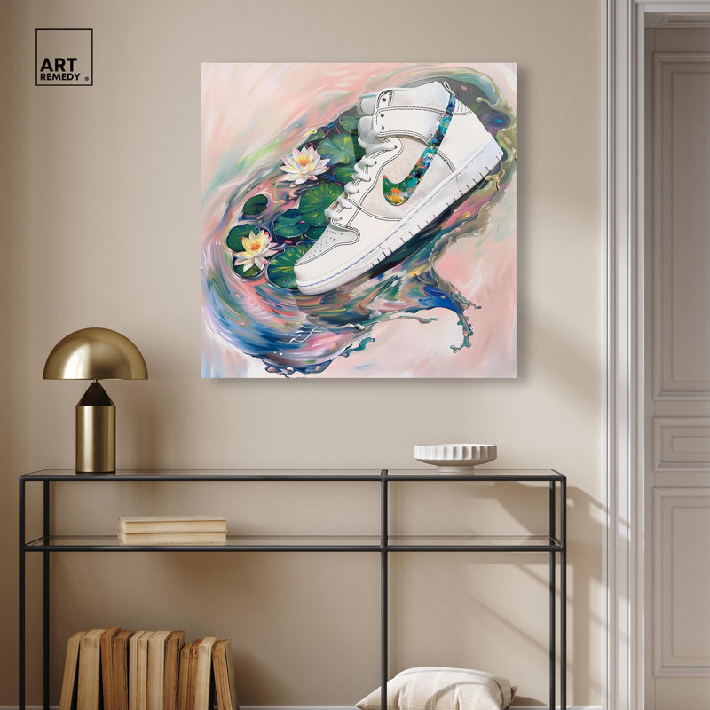 «Lilypads Sneaker Splash», art mural par Art Remedy, H 40 po x l 40 po, Toile tendue, Peinture sans cadre