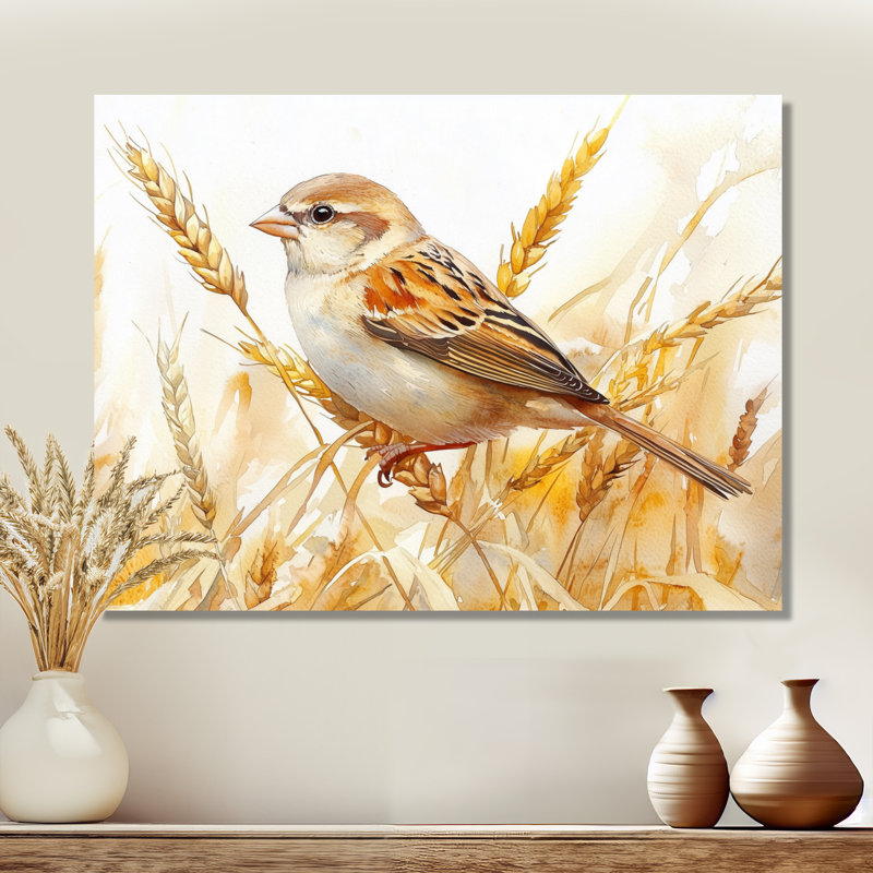 Moineau domestique, oiseau parmi les blés IV - Art en métal, 12" H x 20" W