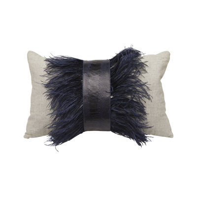 Linen Lumbar Pillow with Ostrich Feather Trim