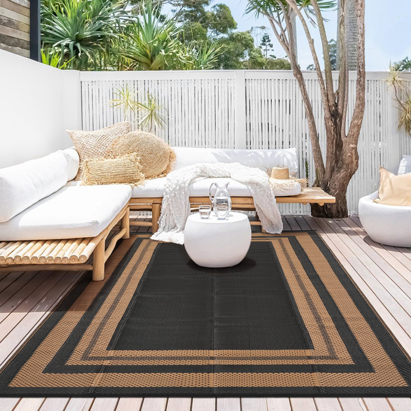 Outdoor Rug 8x10ft - Reversible Waterproof Plastic Straw Carpet - Modern Black/Brown Edge, Easy Clean, Portable for RV, Porch, Deck, Beach - Size: 8x10ft, USA