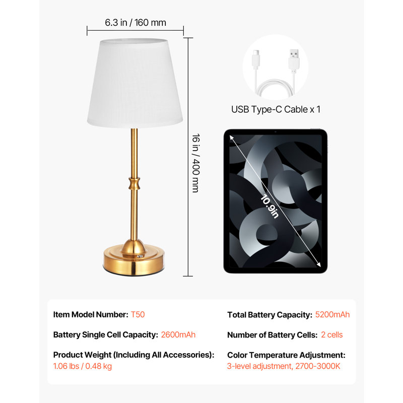 Lampe de table sans fil avec abat-jour en tissu à pile rechargeable de 5200 mAh, Doré