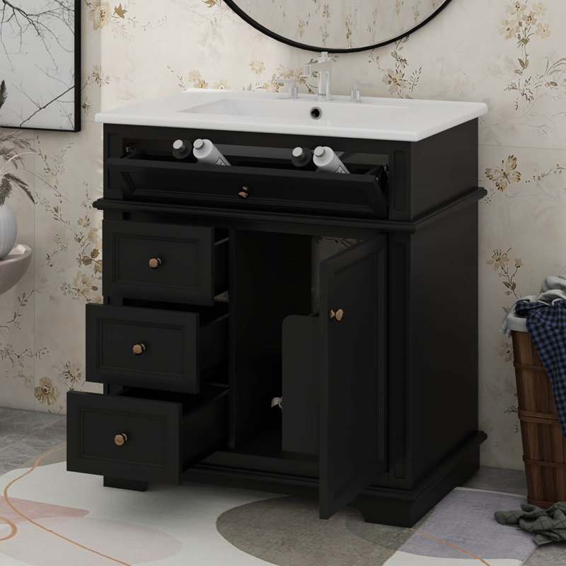 Meuble-lavabo 30 po avec lavabo, un tiroir basculant, trois tiroirs, tablette de porte, Black
