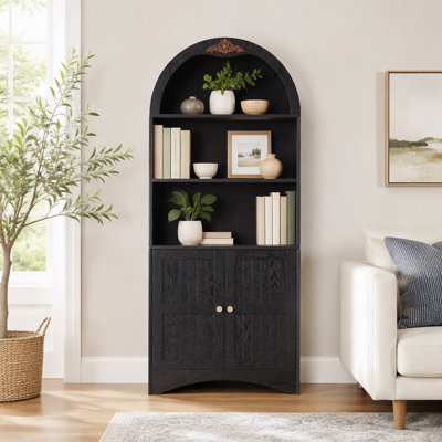 Armoire de rangement arquée avec appliques décoratives, buffet en panneau de fibres à densité moyenne anti-égratignures, tablettes et charnières réglables, sangle anti-basculement, armoire à vin de rangement autoportante pour le salon et la salle à manger