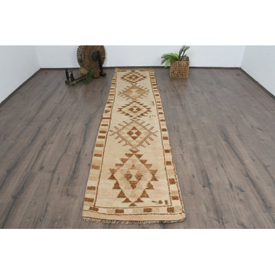 29.5x125.6 Inch Bohemian Wool Runner Rug, Beige Geometric Pattern Rug