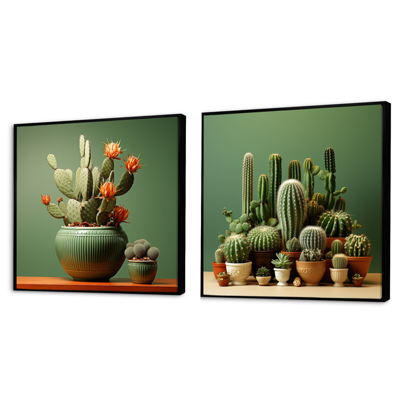 Cactus Jade Juxtaposition - Cactus carré, ensemble de 2 collages, Cadre flottant noir, H 16 po x l 33 po